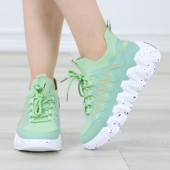 Mint Green Fashion Chunky Heel Sock Sneakers Shoes Slip Ons - Picture 1 of 13